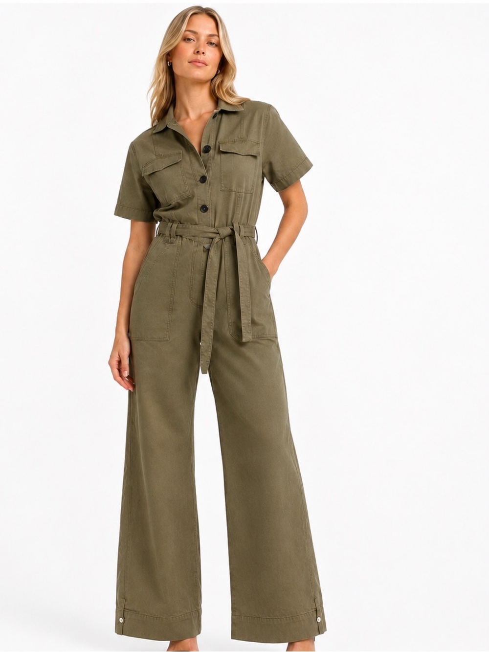 A.L.C Safari Utility Jumpsuit Short Sleeve Wide Leg Augusta Size 4 Khaki Green